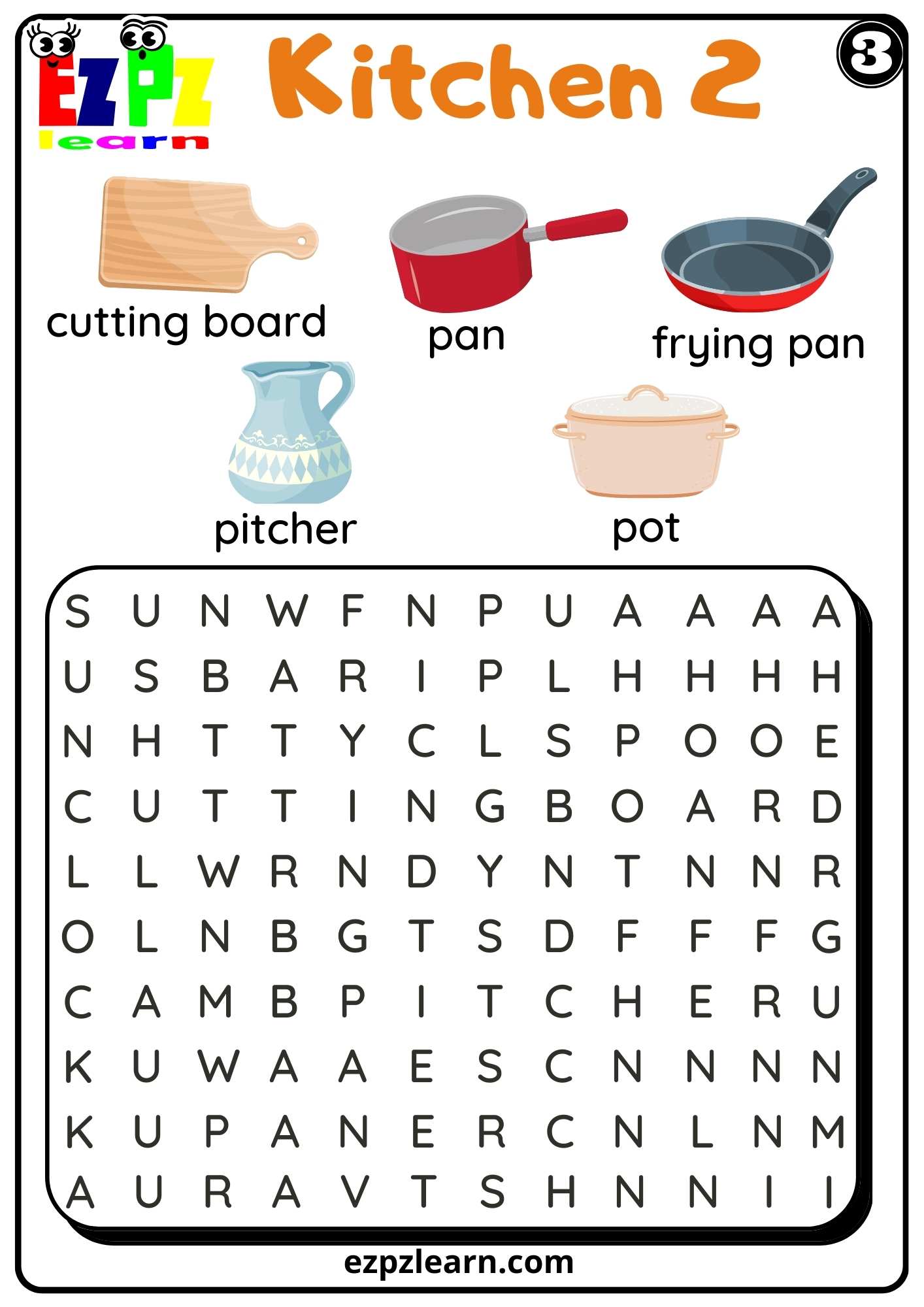 Kitchen Utensils Word Search Worksheet For K5 And ESL Students PDF   3 Utensils Kitchen Word Search 3 